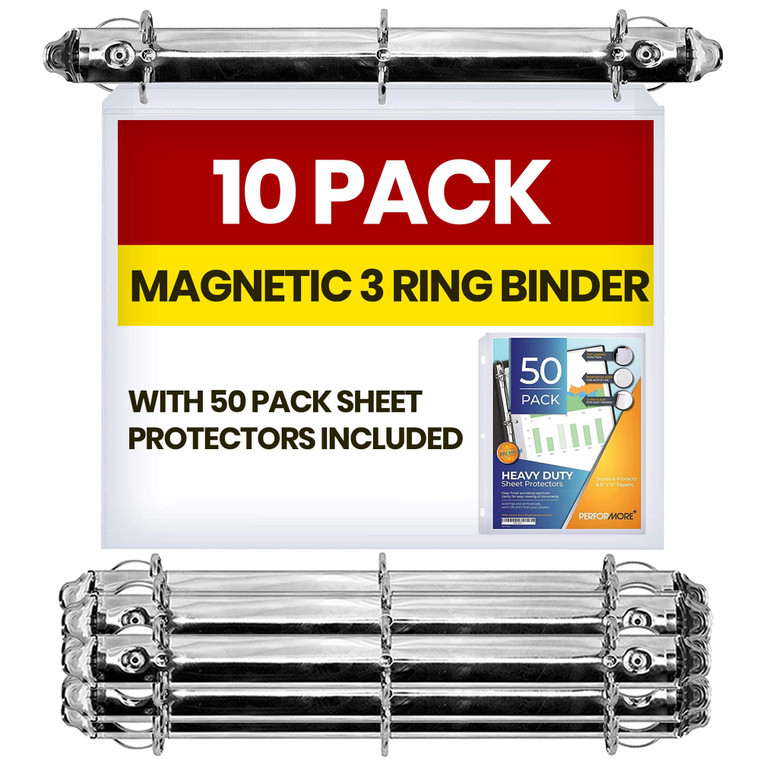 10 Pack Magnetic 3 Ring Binder Mechanism for Hanging, 1 Inch D-Ring Holds 225 Sheets, Heavy Duty for 8.5x11 Paper - Ring Binder Depot - 50 Sheet Prot