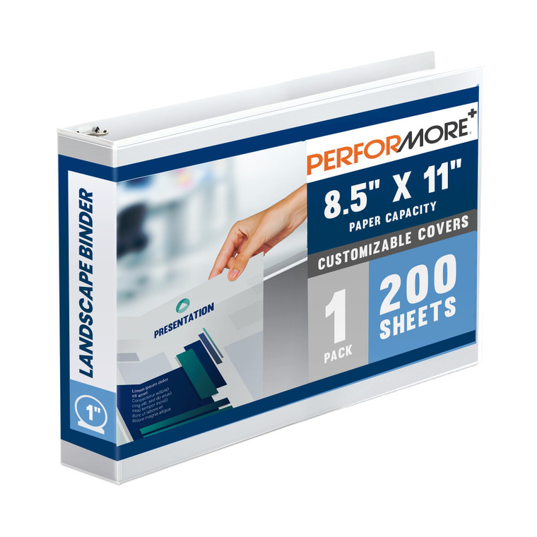 Performore - 8.5" X 11" Landscape View Binder, 3-Ring-Binder 1" Capacity Round Ring, White Horizontal Formatted with Clear Cover Pockets, Perfect for