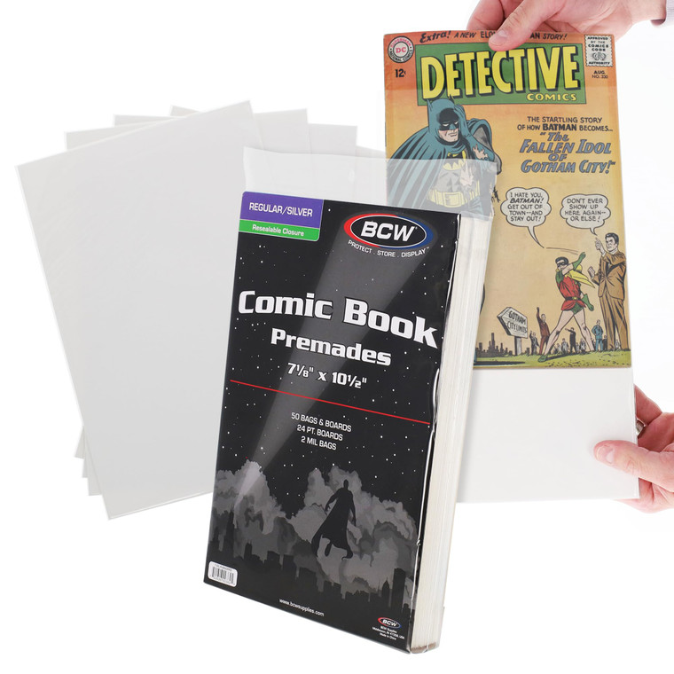 Premium Silver Age Comic Premade Resealable Bags with Backer Boards | 7 ?" x 10 ½" | Pre-Loaded & Archival Comic Sleeves and Boards | Crystal Clear S