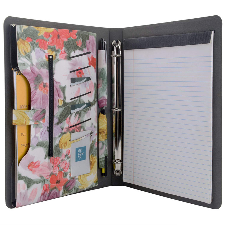 XIAOZHI 3-Ring Binder Portfolio Case, Floral Painting PU Leather Binder Padfolio, Business Planner Organizer with Notepad Holder, Pink, 9.5x9.5x12.8