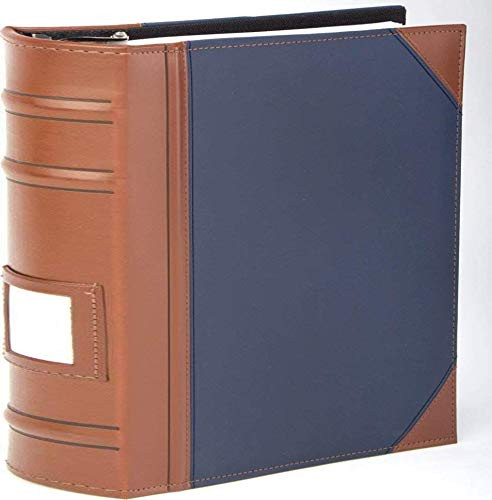 Executive Binder, English Leather 2 Tone with Stitching and Ribbed Spine, Heavy Duty 3 D-Ring with Memo Tag, Blue (3" inch, 1PK)