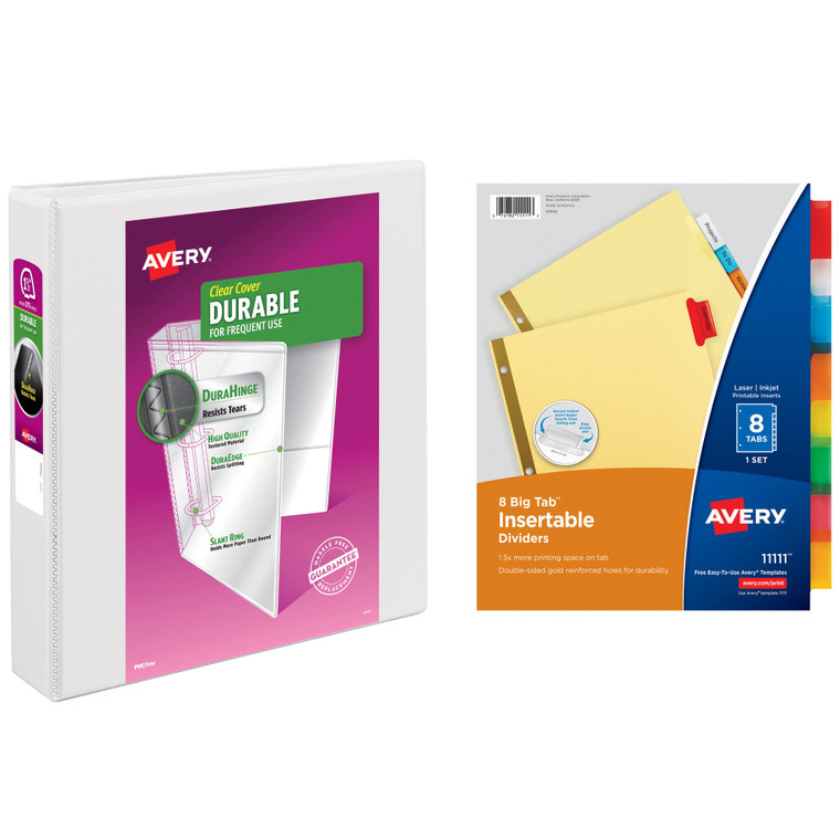 Avery Durable View 3 Ring Binder with 1.5 Inch Rings, 8 Tab Insertable Binder Dividers, Office Supplies Set (01683)