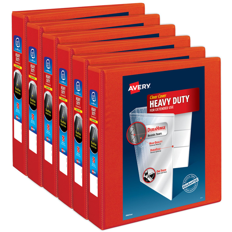 Avery Heavy-Duty View 3 Ring Binder, 1.5 Inch EZD Rings, Great for Portfolios, Office, School Notebooks, and More, 6 Red Binders (6-Pack of 79171)