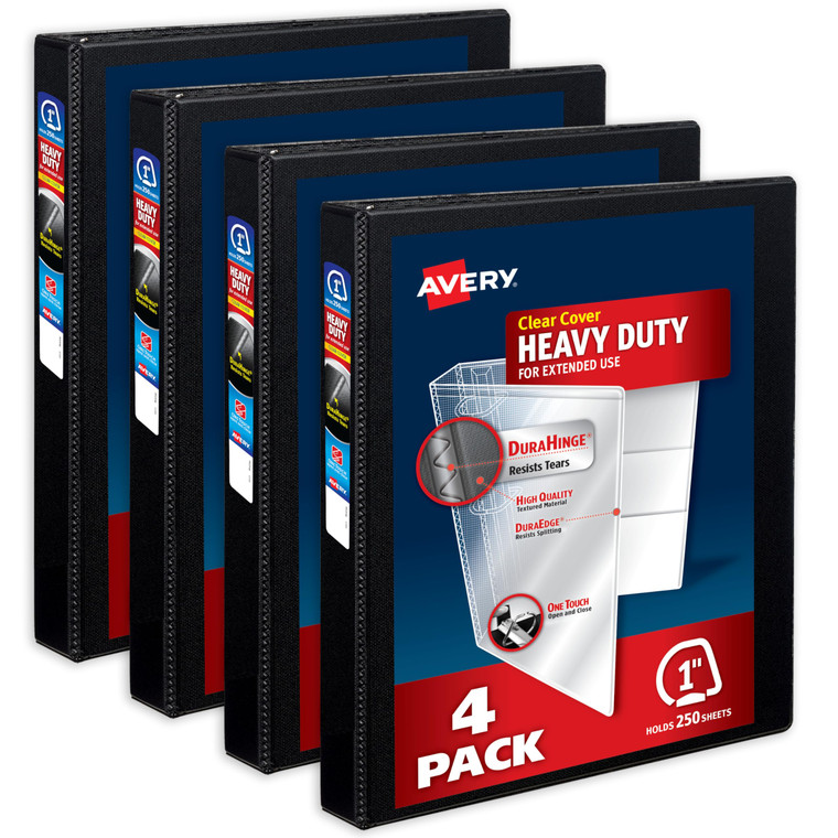 Avery Heavy-Duty View 3 Ring Binders, 1 Inch One Touch Slant Rings, DuraHinge, 1.4 Inch Wide Spine, Customizable Clear Cover and Spine, Black Binders