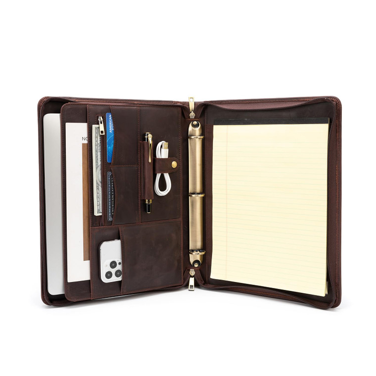 YIWEN Handmade Leather 3 Ring Binder Portfolio with Front Pocket, Zippered Padfolio for 8.5 x 11 Notepad and 13" Tablet, Professional Business Trave