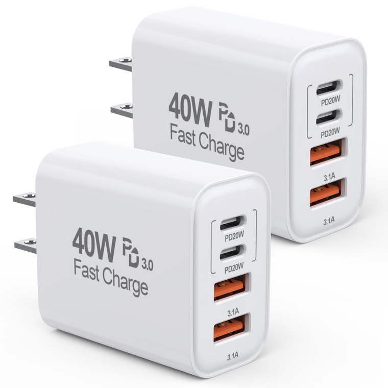 40W iPhone 17 16e 15 Charger Block Fast Charging,2Pack USB C Wall Charger,4-Port Fast USB Wall Adapter PD + QC Multiport Block Cube for iPhone 17 Air