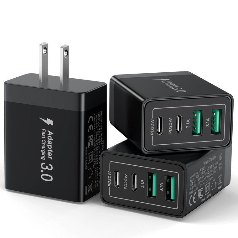 USB C Charger Block, 40W 4-Port Fast Charger 20W Type C Charging Block 3.1A USB Wall Charger Dual Port PD+QC Charging Cube for iPhone 16 15 14 13 12