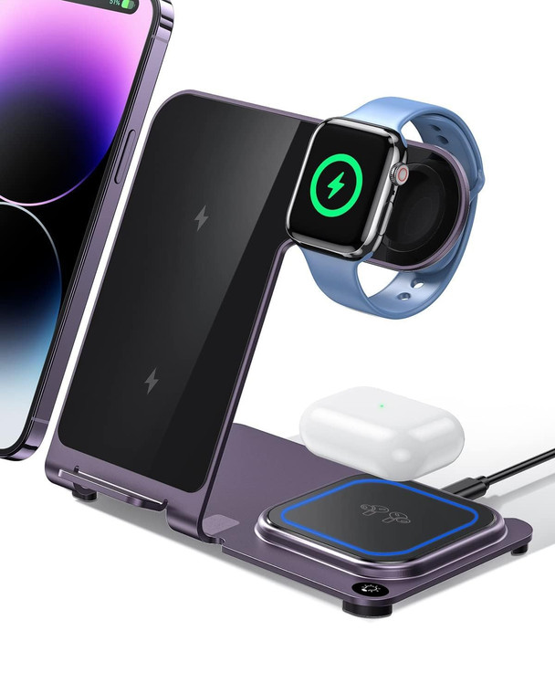 Intoval Aluminum 3 in 1 Wireless Charging Station for iPhone 17 16 15 14 13 Pro Max, Wireless Charger for Apple Watch 11 10 9 8 7 Ultra SE 3 2, Wirel