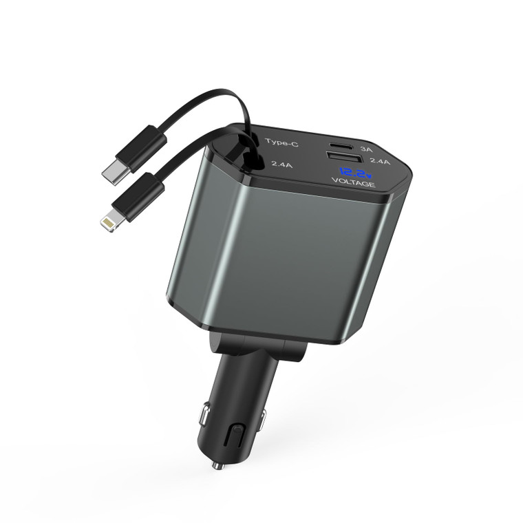 Retractable iPhone Car Charger, 4 in 1 66W Car Charger Fast Charging 2 Retractable Cable(PD & Lightning) and 2Port (USBC & USB A) Apple Car Charging