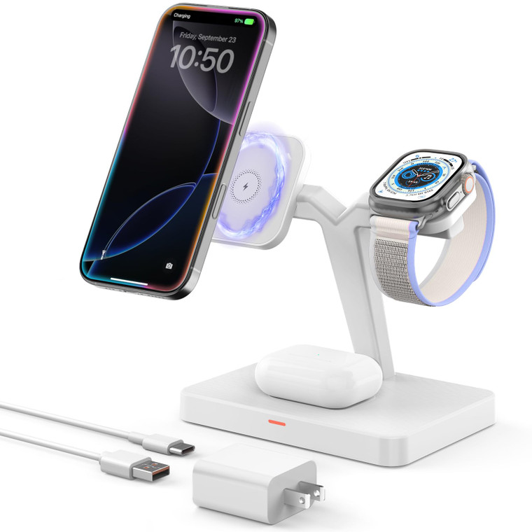 Magnetic 3 in 1 Wireless Charging Station : JoyGeek Portable Foldable Stand for iPhone 17 16 15 Pro Max, Apple Watch Ultra SE, AirPods Pro 3 (White)