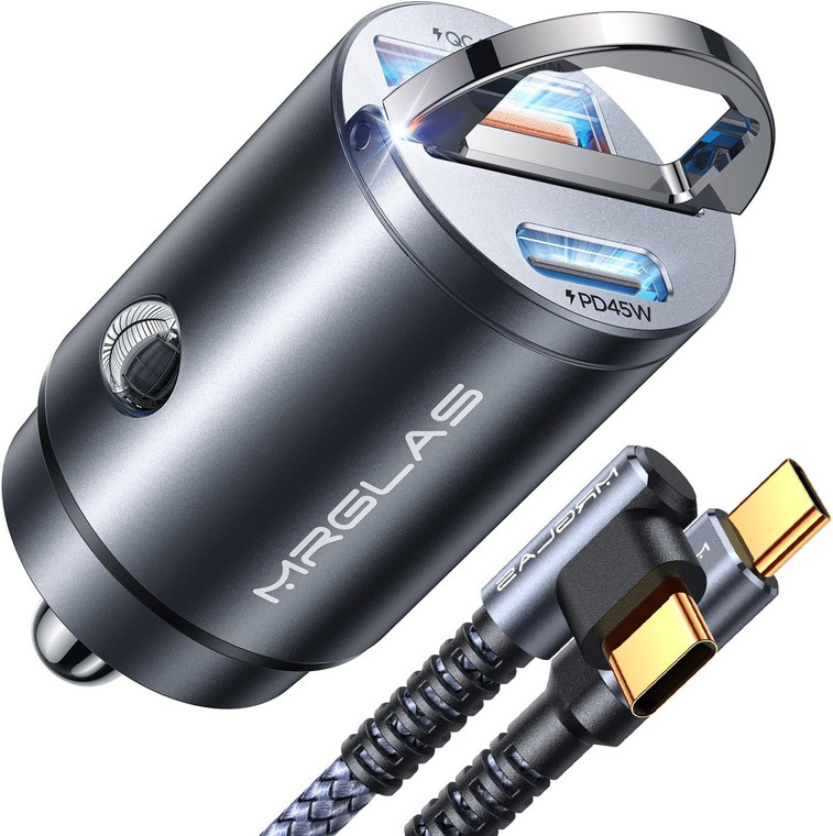 MRGLAS 90W Fast iPhone 17/16 Car Charger, USB C Car Charger with Type C Cable, PD45W & QC45W, Flush Fit, All Metal, Cigarette Lighter USB Adapter for