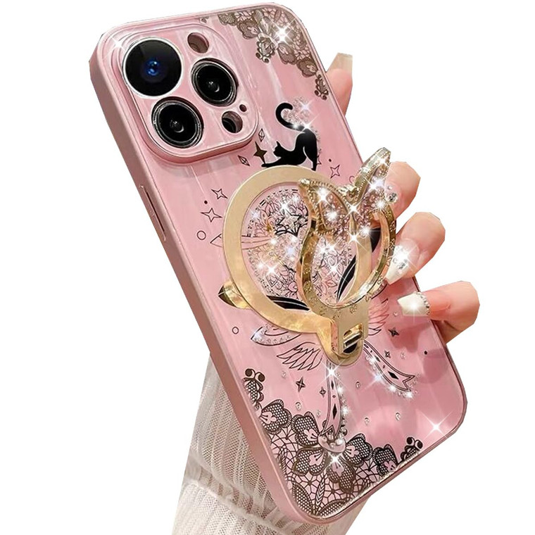 Changjia Magnetic Kickstand Glitter Case for iPhone 16 Pro Max,[Compatible with Magsafe] Cute Bling Sparkle Butterfly Ring Stand Cat Lace Elegant Sho