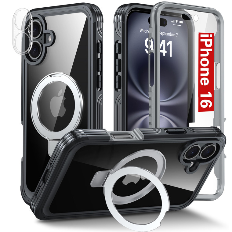 Oterkin Magnetic for iPhone 16 Case Compatible with MagSafe [Foldable Stand][HD Camera Lens Protector][Built-in Touch Sensitive Glass Screen Protecto