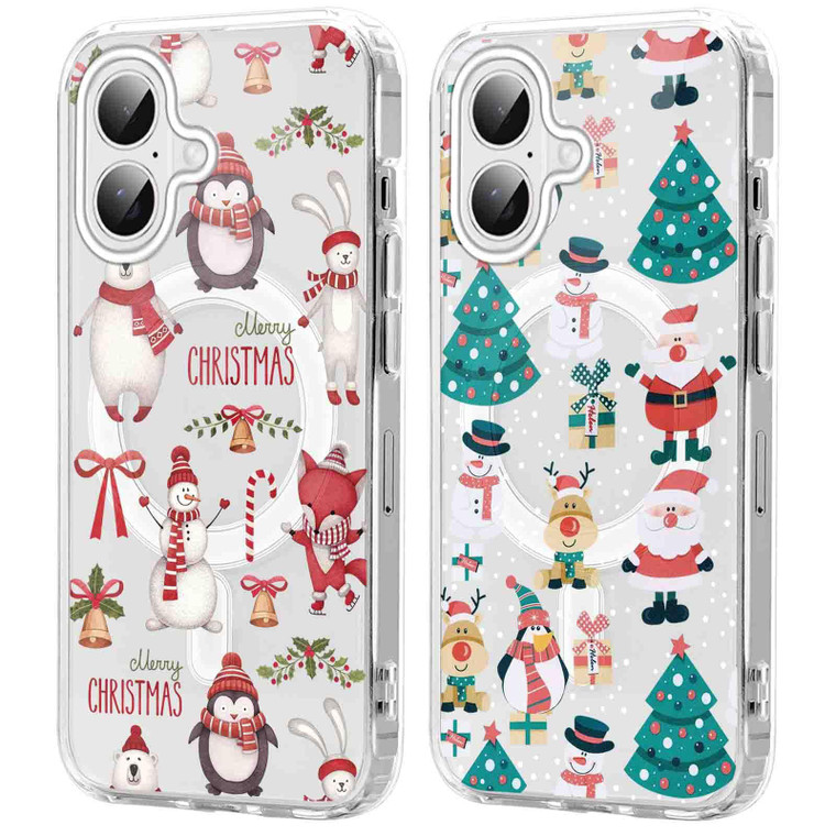 Yomjew 2 Pack Christmas Clear Magnetic Phone Case for iPhone 16 Plus 6.7", Compatible with Magsafe, Cute Cover with Red Xmas Santa Animals Tree Patte