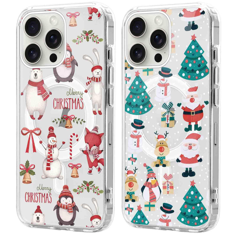 Yomjew 2 Pack Christmas Clear Magnetic Case for iPhone 16 Pro Max 6.9", Compatible with Magsafe, Cute Cover with Red Xmas Santa Animals Tree Pattern
