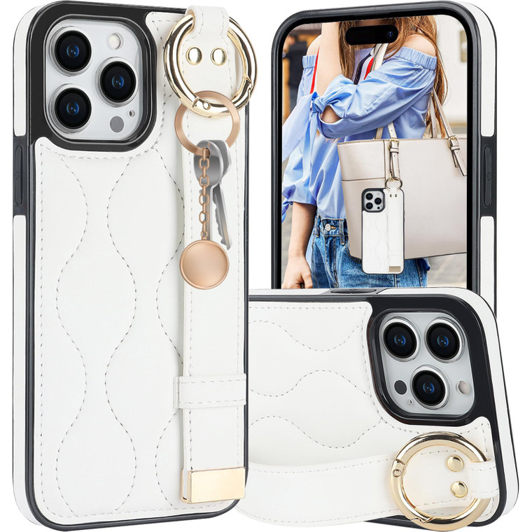 Ephoou Finger Loop Ring Wrist Band Case for iPhone 16 Pro Max with Keychain, Adjustable Wristband Holder Kickstand [Stand Function] PU Leather Cover