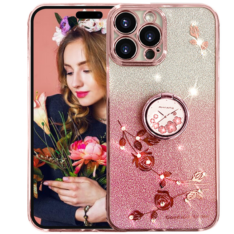 Ysnzaq Funda Floral para Apple iPhone 16 Pro?Not 16, TPU Ultra Delgado Antigolpes Transparente Bling Case con Anillo Soporte para Apple iPhone 16 Pro
