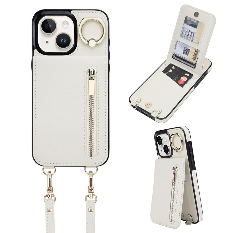 uCOLOR for iPhone 13/14/15 Wallet Case with Card Holders for Women, Crossbody Zipper Protective Leather Case with Strap Wrist Ring RFID Protective 6.