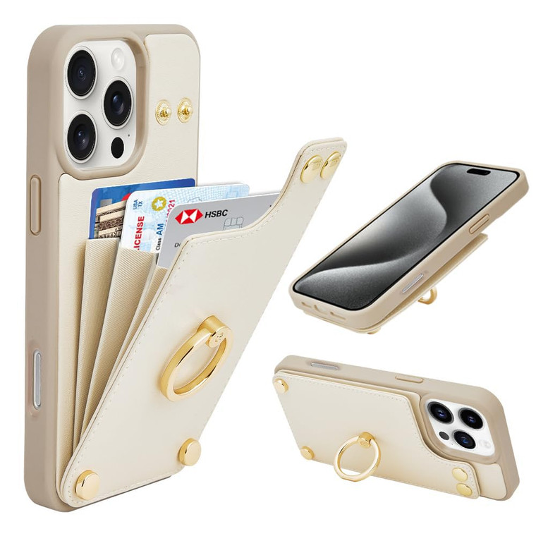 LAMEEKU for iPhone 16 Pro Max Case Wallet with Card Holder, 360° Rotation Ring Kickstand Leather Protective Case for iPhone 16 Pro Max 6.9'' Beige