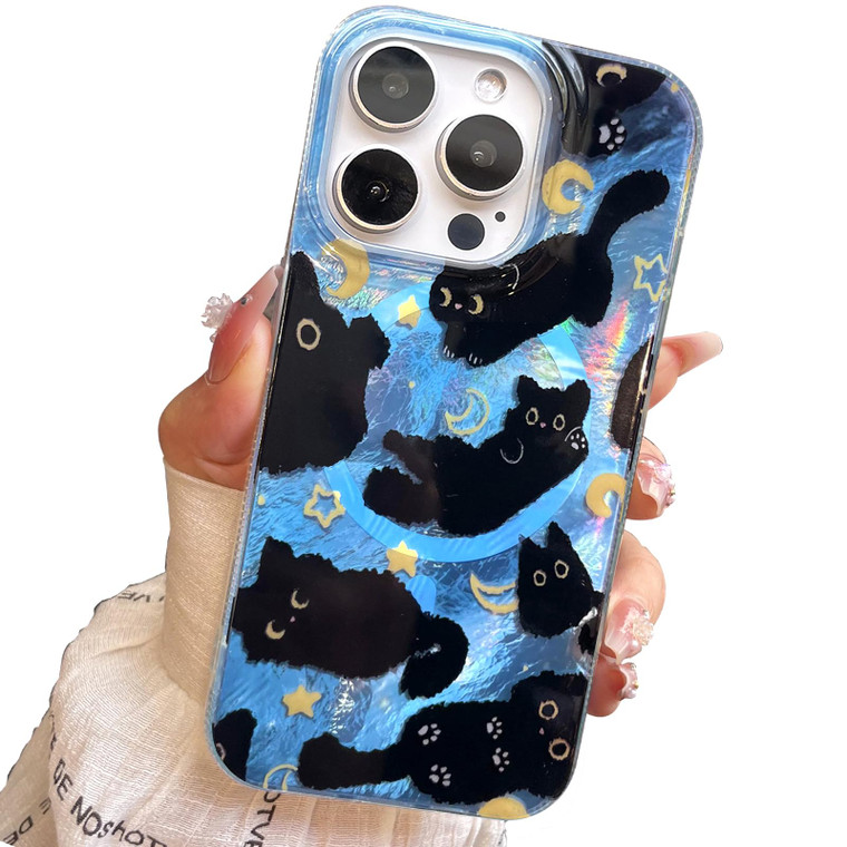 buccilly Compact Case for iPhone 16 Pro Black cat Design,[Compatible with Magsafe] Cute Soft Slim TPU Shockproof Protective Bumper Phone Cases Cover