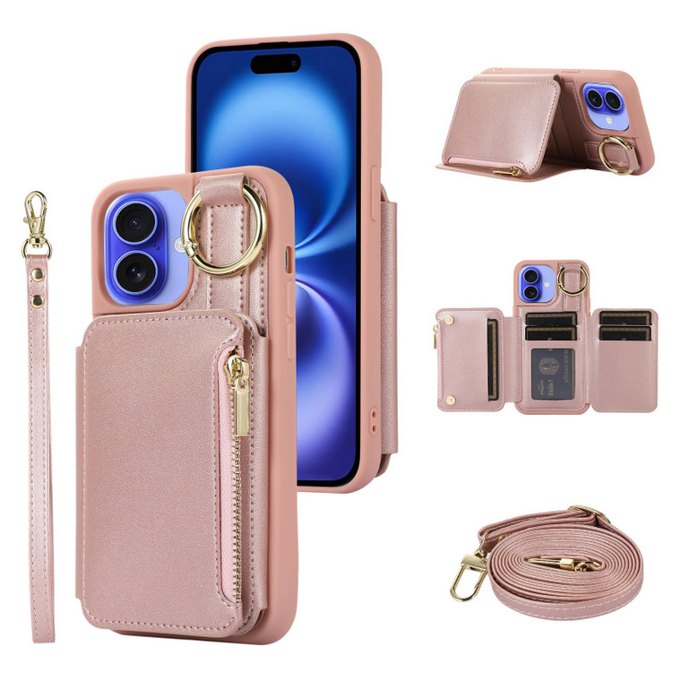Furiet Wallet Case for iPhone 16 6.1 inch with Wrist and Shoulder Strap Card Holder Ring Stand Flip Zipper Pocket PU Leather, 6+ Card Slots RFID Bloc
