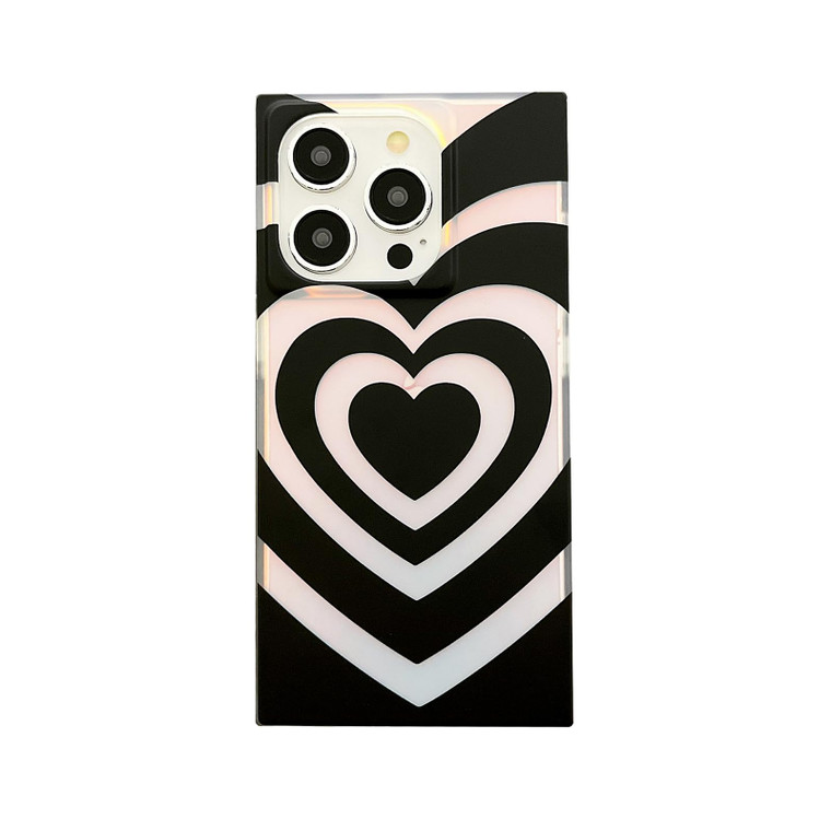 Reezaddin Rectangle Black Heart Iridescent Phone Case for iPhone 16 Pro Max,Laser Latte Love Trendy Y2K Color Change Rectangled Edge Girls Women Slim