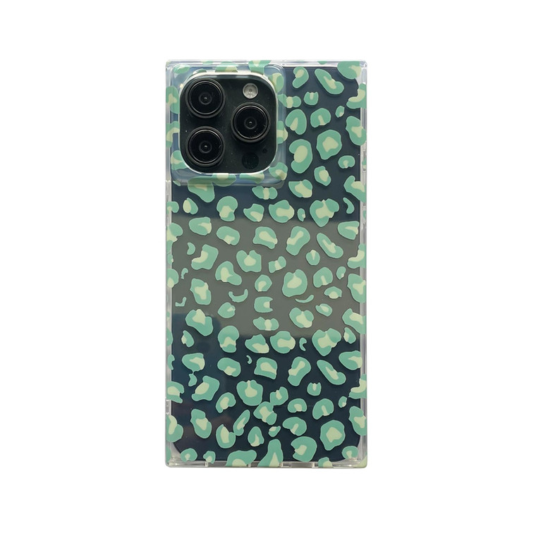 Reezaddin Green Cheetah Print Rectangled Clear Phone Case for iPhone 16 Pro 6.3in,Mint Leopard Tortoise Shell Transparent Rectangle Edge Retro Girly