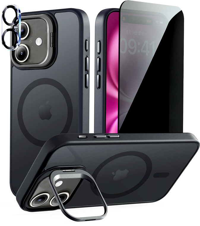 TXXO Magnetic for iPhone 16 Plus Case with Stand [Compatible with MagSafe]With Privacy Screen Protector & Camera Protection, Slim Translucent Matte S