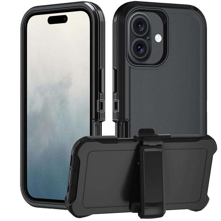 Olinoo Heavy Duty Rugged Case for iPhone 16 Pro, 3-Layer Super Full Protection with Kickstand, Belt Clip Holster (Black with Clip)