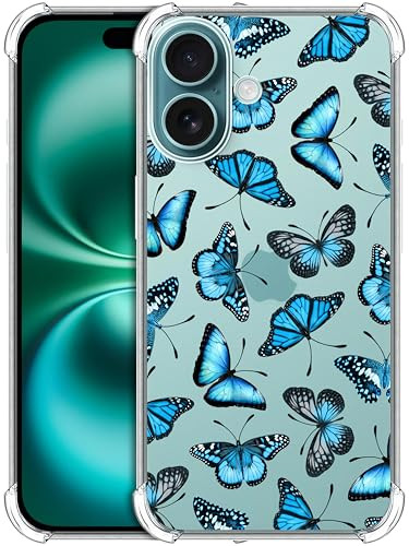 SuzaCase Clear Case for iPhone 16, iPhone 16 Case with Stylish Butterfly Blue Pattern Printed Durable Clear Shockproof Drop Protection Phone Back Cas