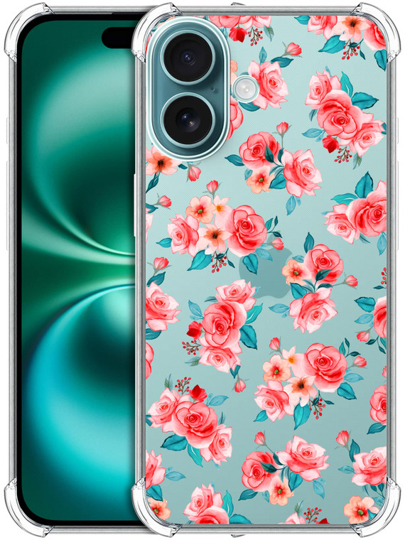 SuzaCase Clear Case for iPhone 16 Plus, iPhone 16 Plus Case with Stylish Rose Floral Pattern RED Printed Durable Clear Shockproof Drop Protection Bac
