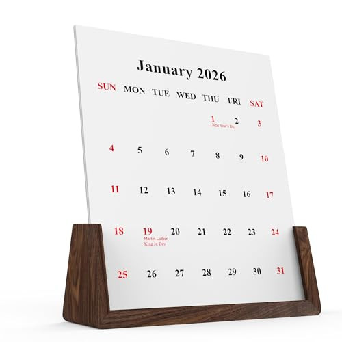 2025-2026 Decorative Desk Calendar with Walnut Wood Stand, Thick Cardstock, Replaceable Cards, Perfect for Office, Home, Gift & Desktop Decor (Black