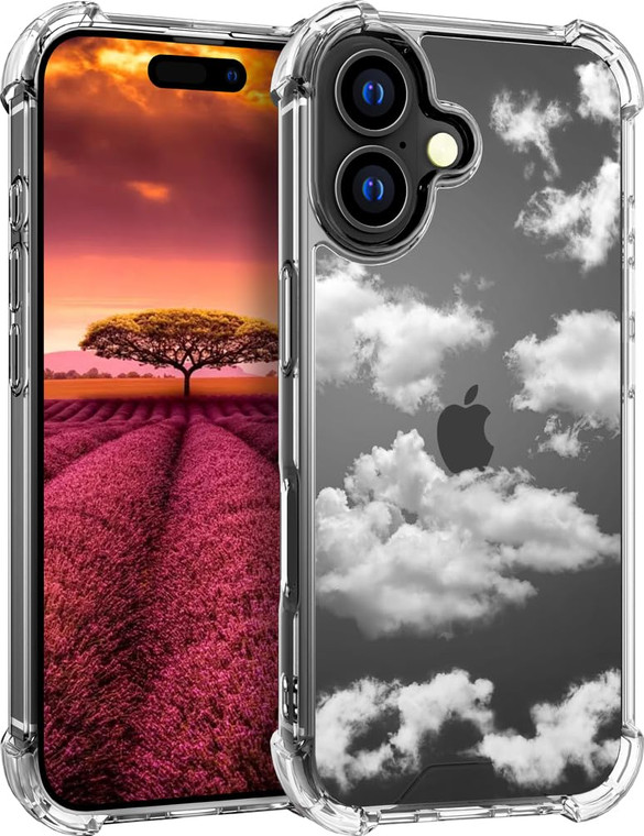 Topgraph Compatible with iPhone 16 Case Cute Clear for Women,Cool Transparent Silicone Phone Cases Cover - White Clouds Design