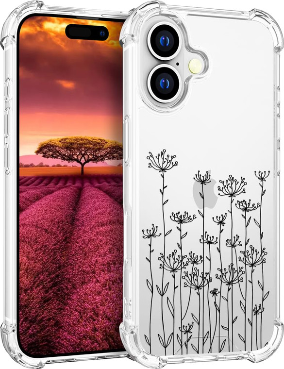 Topgraph Compatible with iPhone 16 Plus Case Cute Clear for Women,Cool Transparent Silicone Phone Cases Cover - Black Simple Dandelion Floral