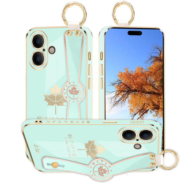 Kainevy Phone Case for iPhone 16 with Wrist Strap Stand & Finger Ring, Cute Aesthetic Slim Silicone Shockproof Protective Cover for Women Girls (Gree