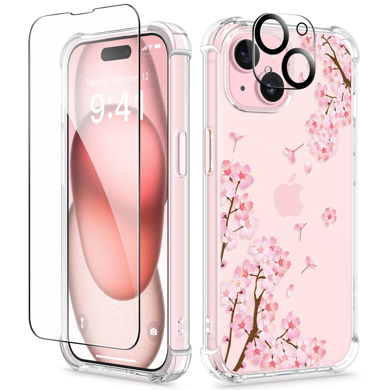 GVIEWIN for iPhone 15 Case Floral, with Screen Protector&Camera Lens Protector,[Non Yellowing] Soft Shockproof Clear Phone Protective Cover for Women