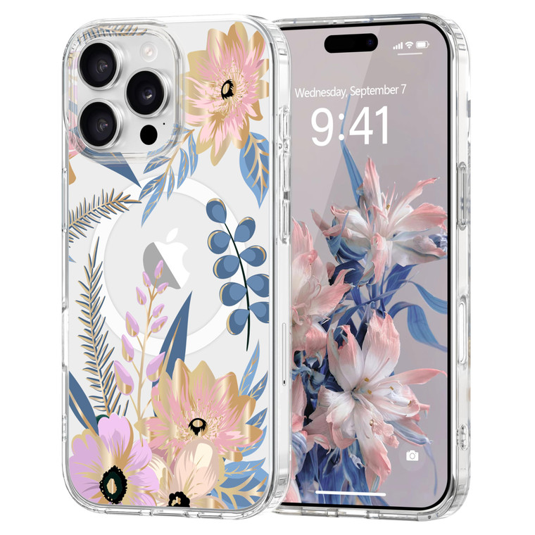 Pepmune Magnetic for iPhone 16 Pro Case Floral, Cute Luxury Clear Flower Cover for Women Girls Elegant Aesthetic Soft [Compatible with Magsafe] Prote