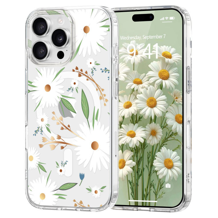 Pepmune Magnetic for iPhone 16 Pro Max Case Floral, Cute Luxury Clear Flower Cover for Women Girl Soft Elegant Plating [Compatible with Magsafe] Prot