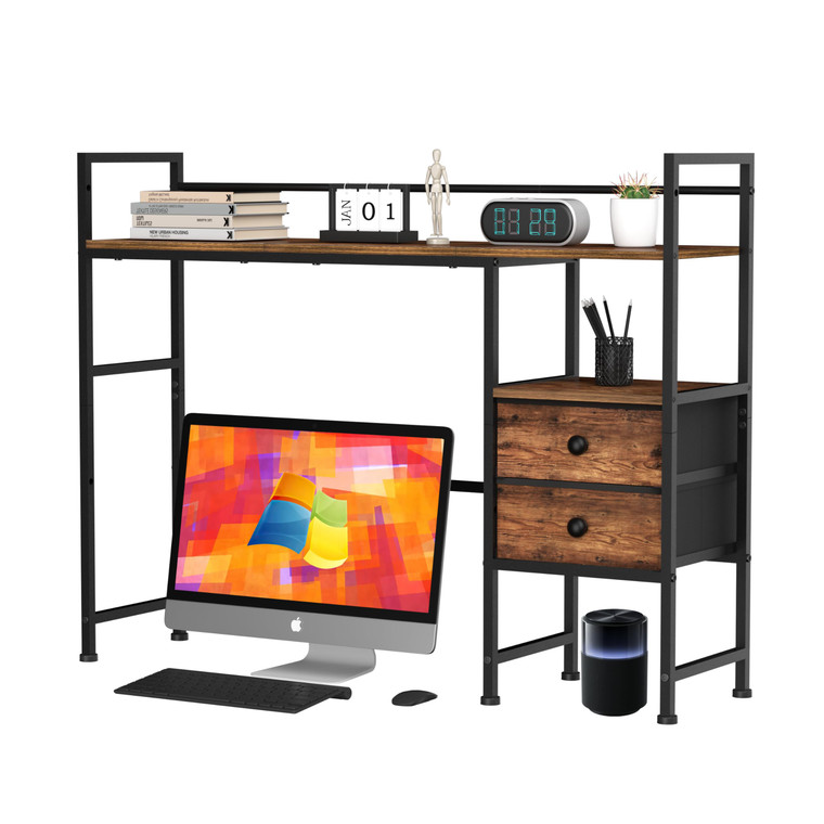 Unionly Desk Shelf,Desktop Organizer Shelf for Computer Monitor, 3 Tier Display Rack and 2 Fabric Drawers, Wood Desktop Bookshelf Storage Rack for Ho