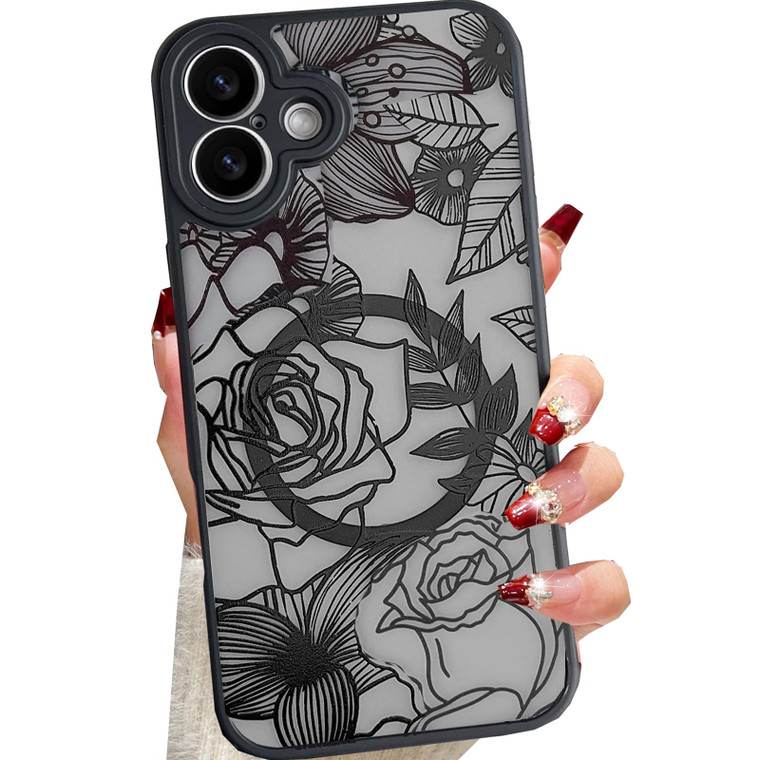 Changjia Magnetic Floral Case for iPhone 16 Plus, [Compatible with MagSafe] Cute Black Flower Case for Women Girls Soft TPU Bumper Hard PC Clear Shoc