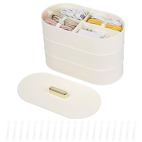 Yesesion Large Cord Organizer Box with Lid, Plastic Cable Storage Case with 20pcs Wire Ties for Desk Drawer, Home Office Supplies, Electronics, Clips
