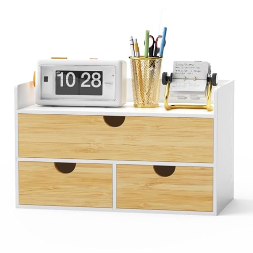 Desk Organizer with Drawers - Bamboo Desktop Organizer Storage | Wood Desk Drawers Organizer for Bills, Office Supplies, Cosmetics, Seals No Assembly