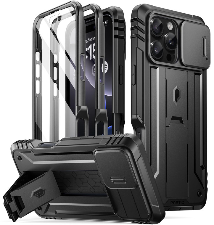 Poetic Revolution Case for iPhone 16 Pro 6.3 inch, [Slide Camera Cover], Full-Body Military Grade Rugged Shockproof Cover with Kickstand and Built-in