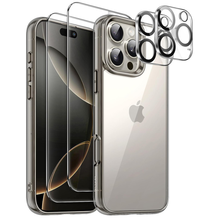 JETech 5 in 1 Case for iPhone 16 Pro 6.3-Inch with 2 Pack Each Tempered Glass Screen Protectors and Camera Lens Protectors, Non-Yellowing Shockproof