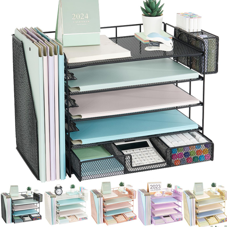 Youbetia Paper Tray Organizer with Mesh File Holder, 5 Tier Desk Accessories & Workspace Desk Organizers with Pen Holder, Office Desk Accessories Des