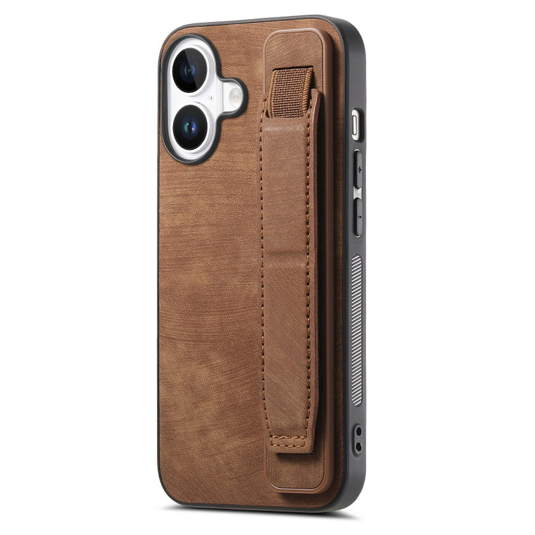 Omio Designed for iPhone 16 Plus Leather Case with Stand & Strap, Wrist Strap Leather Back Cover Hard PC Shockproof Finger Grip Case for Men Women Gi