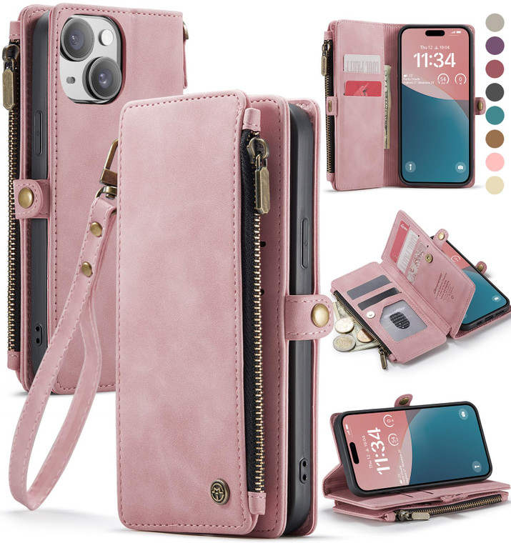 Defencase Compatible with iPhone 15 Case Wallet with RFID Blocking Card Holder for Women and Men, Fashion PU Leather Magnetic Snap Flip Zipper Strap