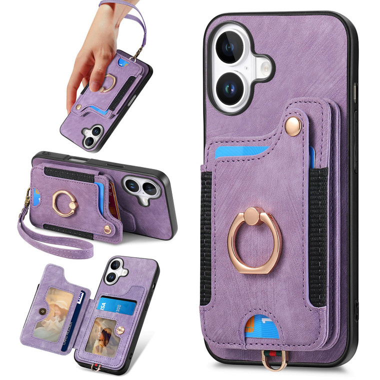 PAOBIR for iPhone 16 Plus Phone Case Wallet with Card Holder,PU Leather Flip Folio Case,RFID Blocking Ring Holder Kickstand Wrist Strap Magnetic Prot