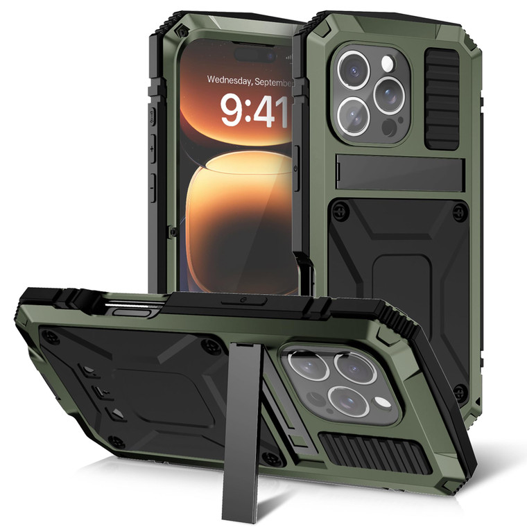 FunnyWin Metal Case for iPhone 16 Pro Aluminum Military Grade Rugged Case with Metal Stand Screen Protector Drop Tested Shockproof Dustproof Full Cov