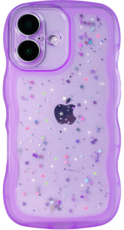 Qokey Compatible iPhone 16 Pro Max Case, 6.7" Curly Wave Design, Transparent Bling Glitter Star Shiny, Cute Clear Transparent Shockproof Protection S